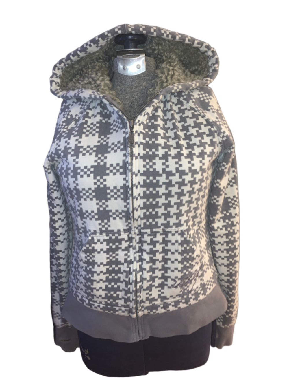 Women's Roxy Zip-Up Hoodie Sweatshirt Medium Grey White Houndstooth
